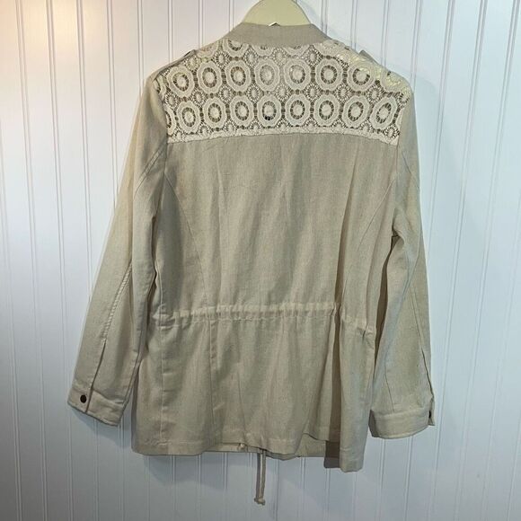 Mystree Snap Front Embroidery Jacket Womens MediumTan Pockets Tie Waist Long Slv - Picture 8 of 8